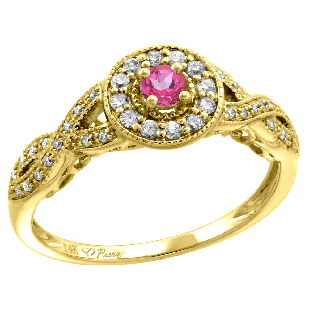 14k Yellow Gold Diamond Genuine Pink Topaz Halo Engagement Ring Round Brilliant cut 3mm, size 5-10