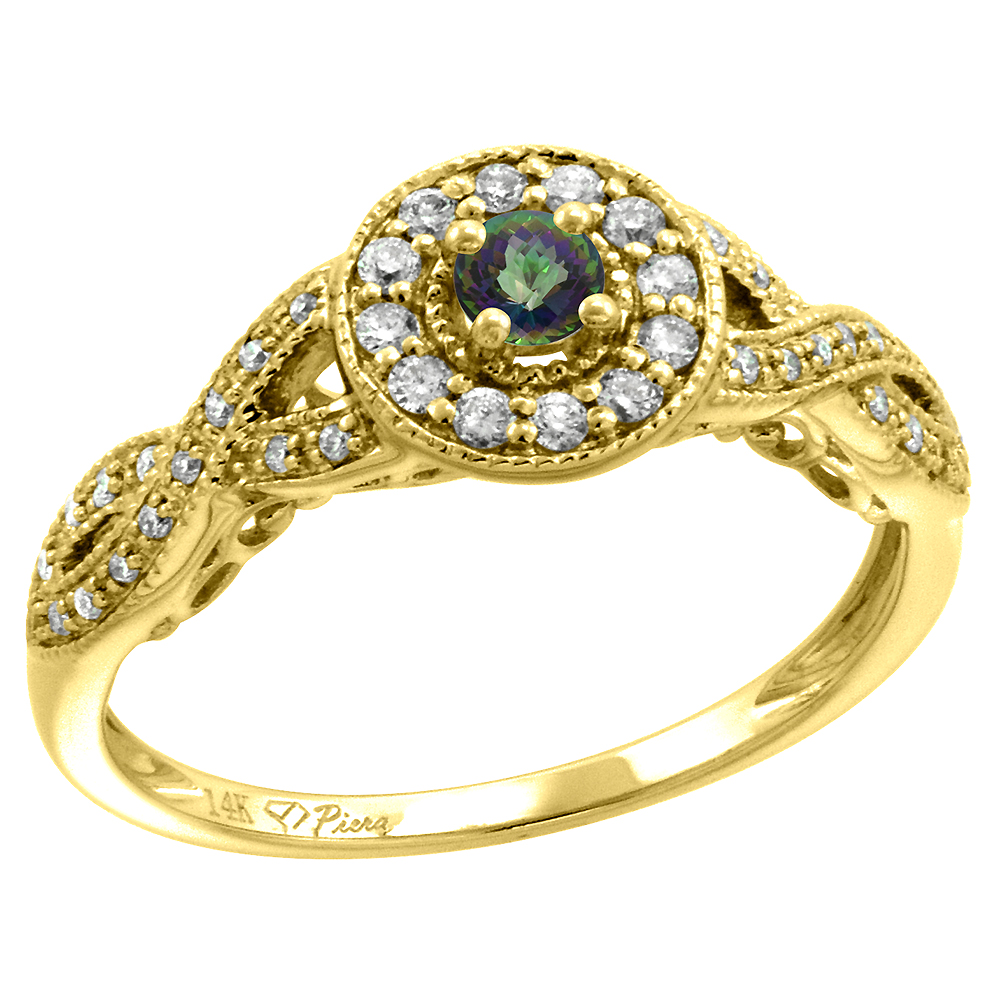 14k Yellow Gold Diamond Genuine Mystic Topaz Halo Engagement Ring Round Brilliant cut 3mm, size 5-10
