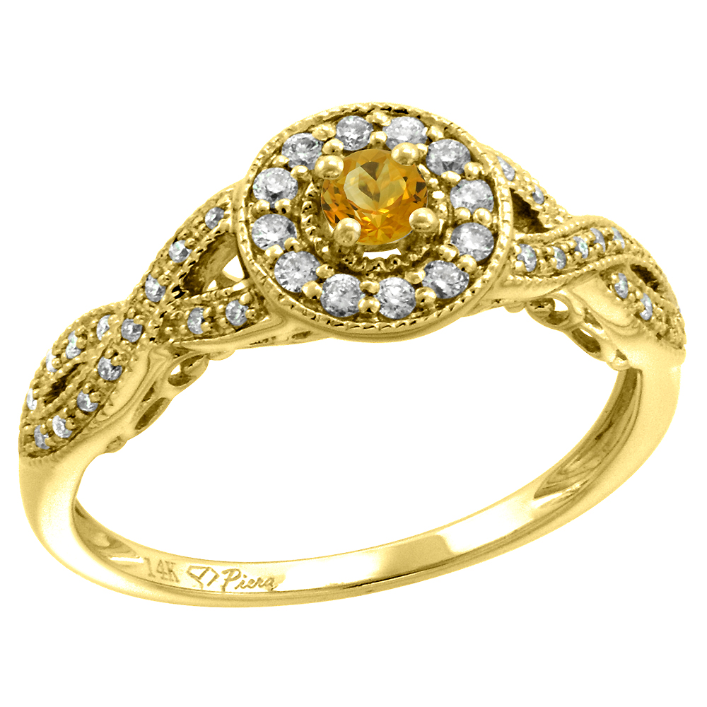 14k Yellow Gold Diamond Genuine Citrine Halo Engagement Ring Round Brilliant cut 3mm, size 5-10