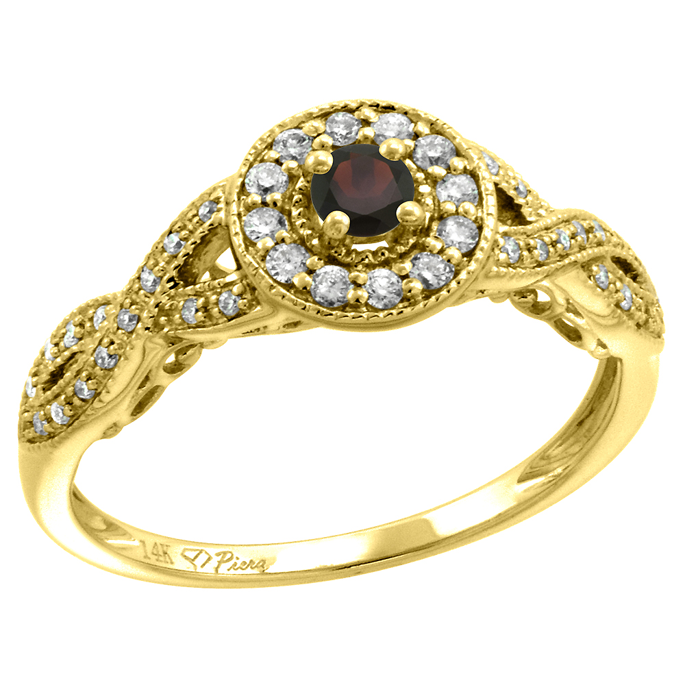 14k Yellow Gold Diamond Genuine Garnet Halo Engagement Ring Round Brilliant cut 3mm, size 5-10