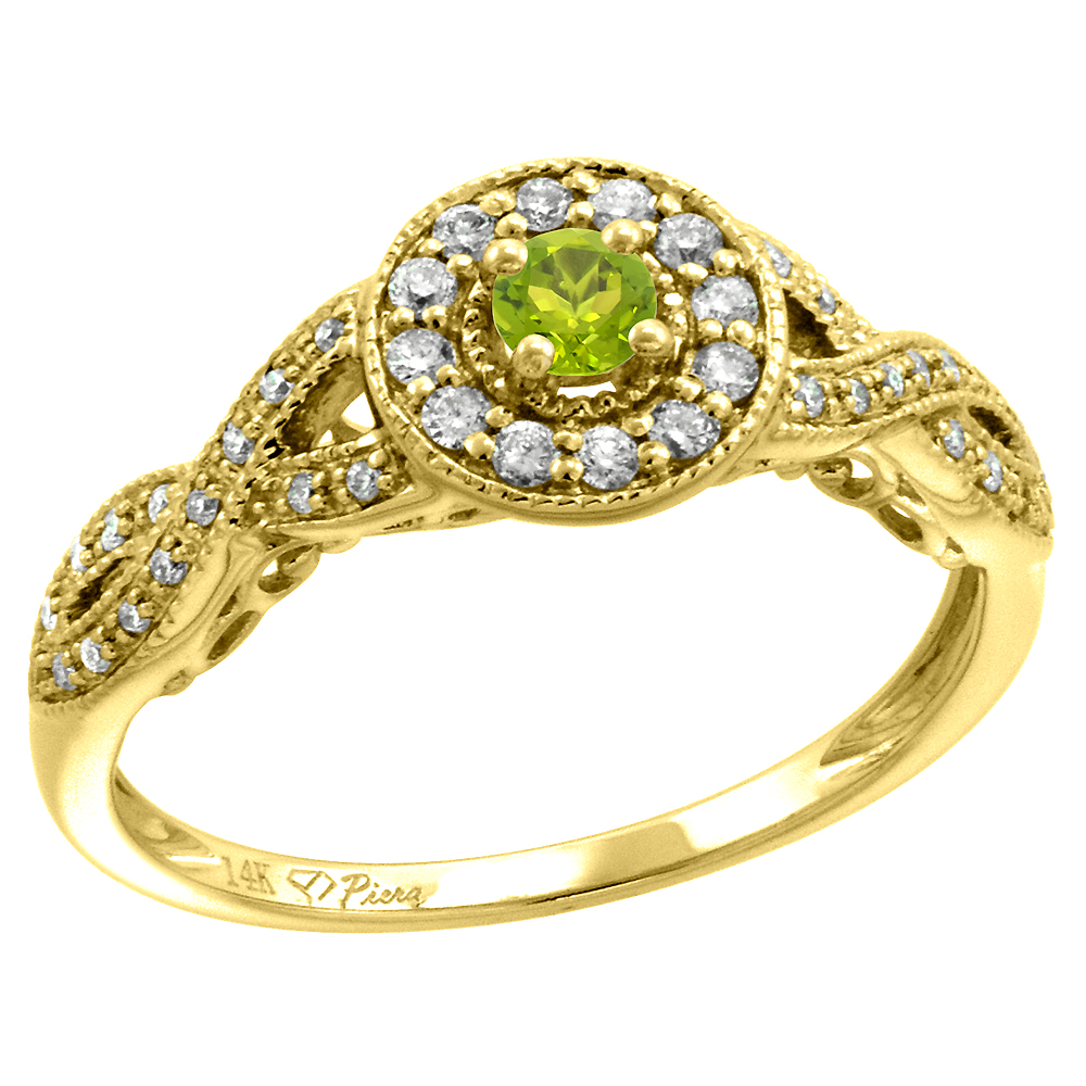 14k Yellow Gold Diamond Genuine Peridot Halo Engagement Ring Round Brilliant cut 3mm, size 5-10