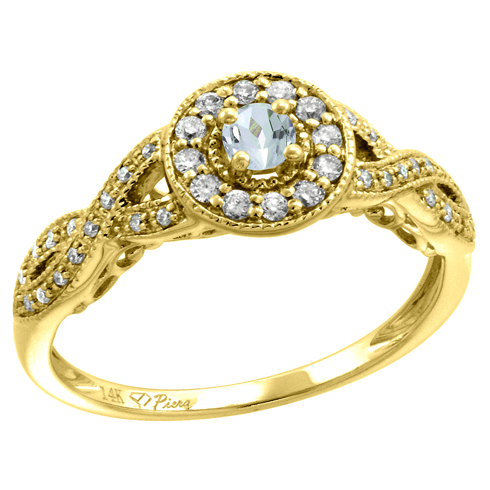 14k Yellow Gold Diamond Genuine Aquamarine Halo Engagement Ring Round Brilliant cut 3mm, size 5-10