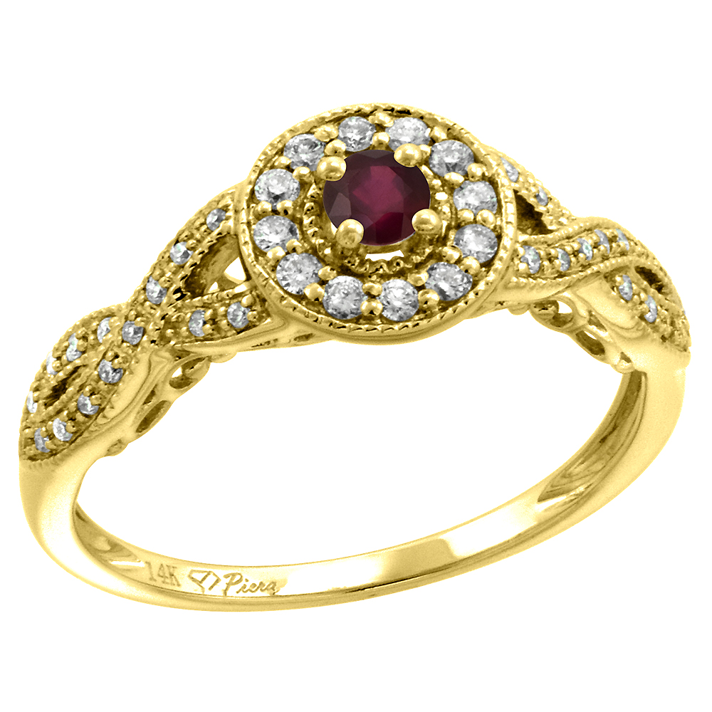 14k Yellow Gold Diamond Enhanced Genuine Ruby Halo Engagement Ring Round Brilliant cut 3mm, size 5-10