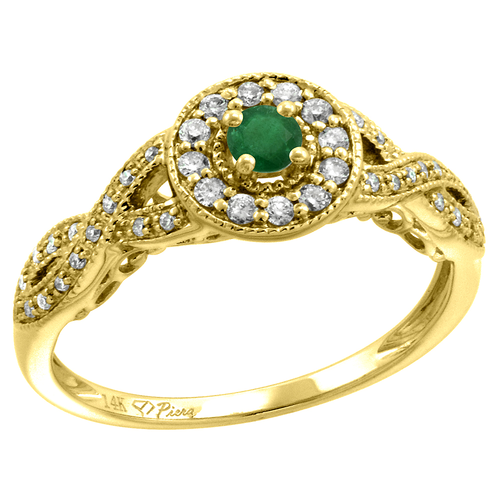14k Yellow Gold Diamond Genuine Emerald Halo Engagement Ring Round Brilliant cut 3mm, size 5-10