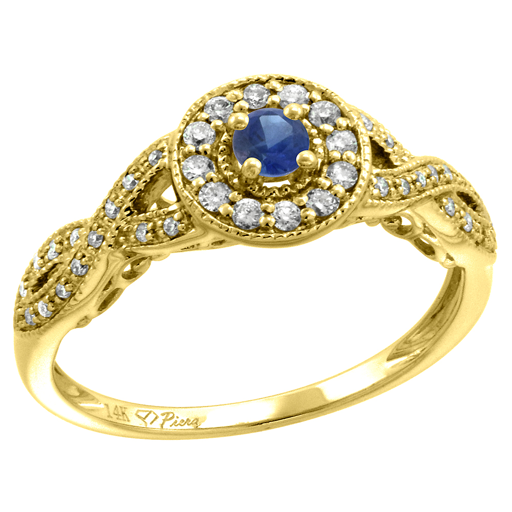 14k Yellow Gold Diamond Genuine Blue Sapphire Halo Engagement Ring Round Brilliant cut 3mm, size 5-10