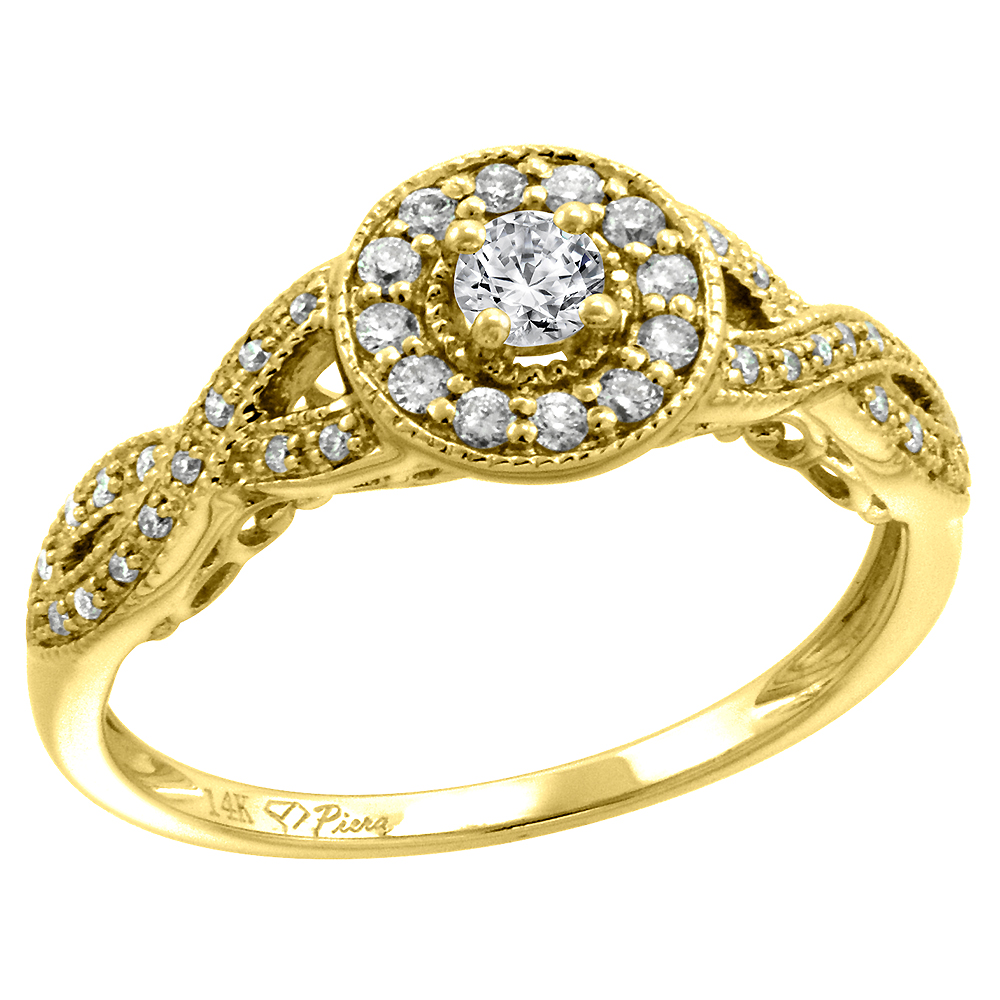 14k Yellow Gold Genuine Diamond Halo Engagement Ring 0.31 cttw Round Brilliant cut 3mm, size 5-10