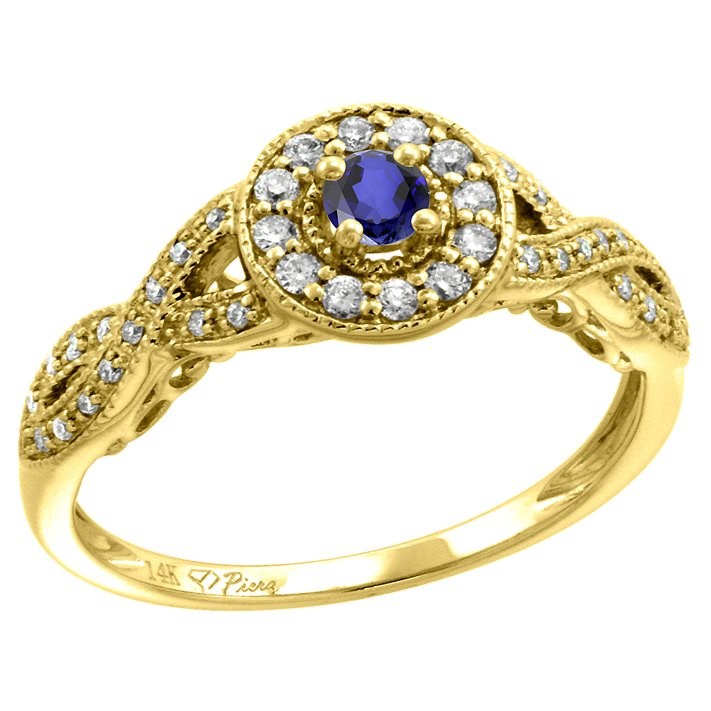 14k Yellow Gold Diamond Genuine Tanzanite Halo Engagement Ring Round Brilliant cut 3mm, size 5-10