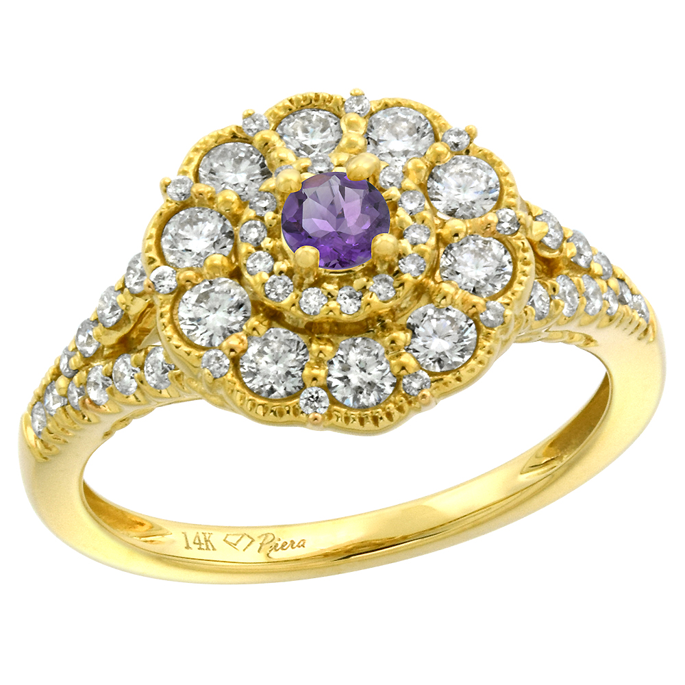 14k Yellow Gold Diamond Genuine Amethyst Flower Halo Engagement Ring Round Brilliant cut 3mm, size 5-10