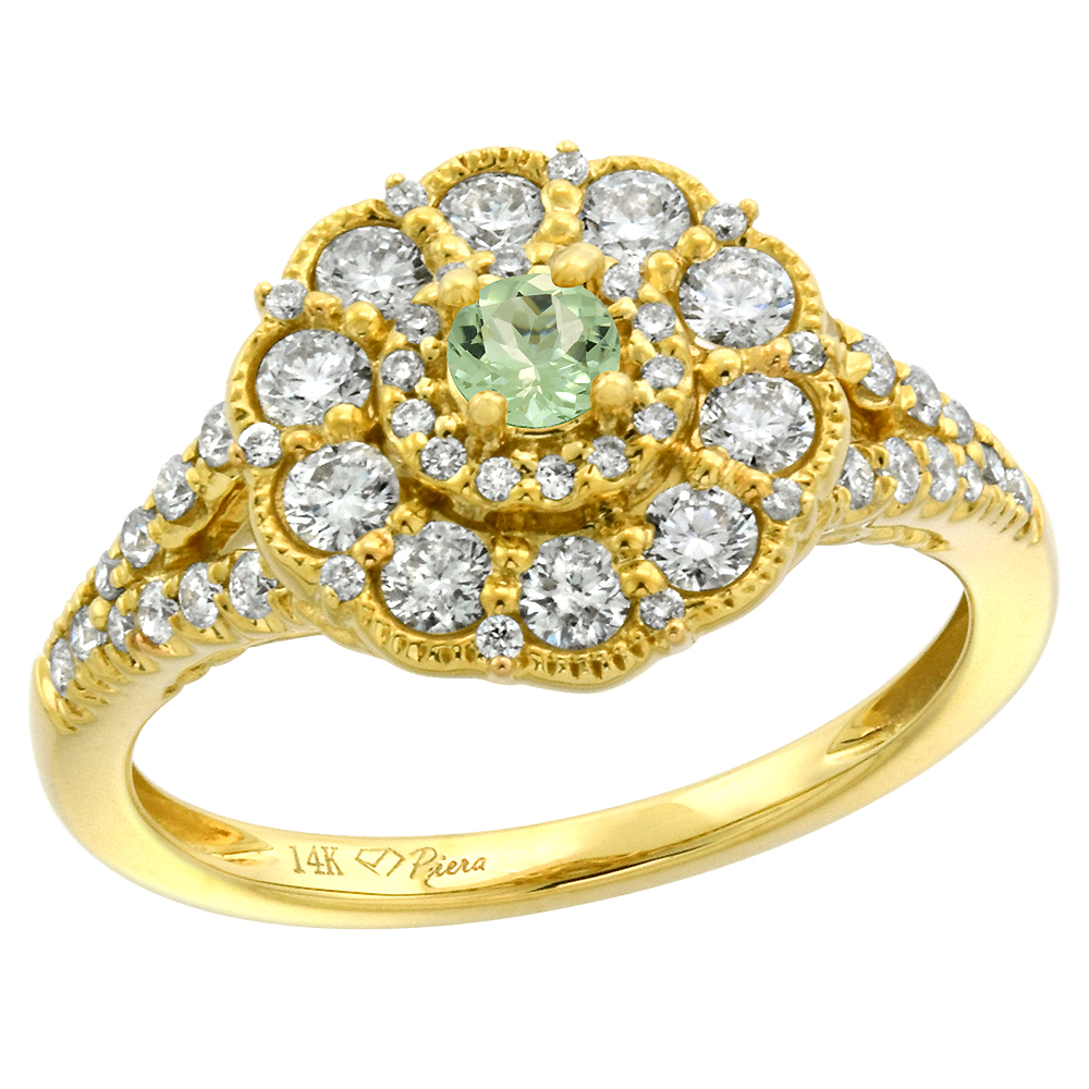 14k Yellow Gold Diamond Green Amethyst Flower Halo Engagement Ring Round Brilliant cut 3mm, size 5-10