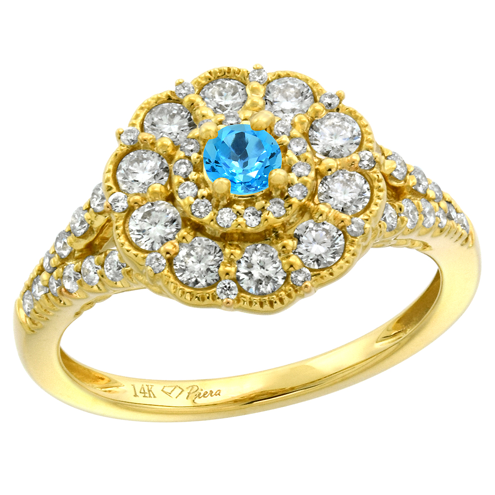 14k Yellow Gold Diamond Swiss Blue Topaz Flower Halo Engagement Ring Round Brilliant cut 3mm, size 5 -10
