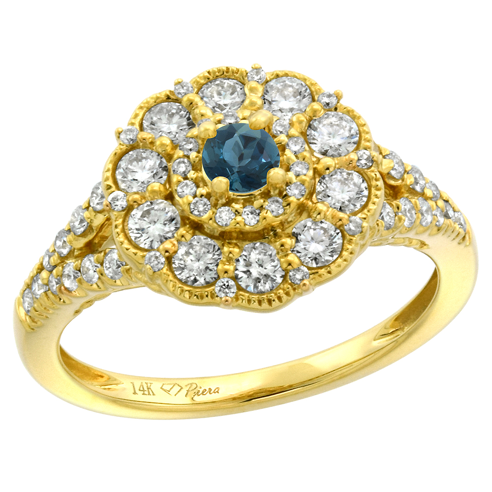 14k Yellow Gold Diamond London Blue Topaz Flower Halo Engagement Ring Round Brilliant cut 3mm, size 5-10