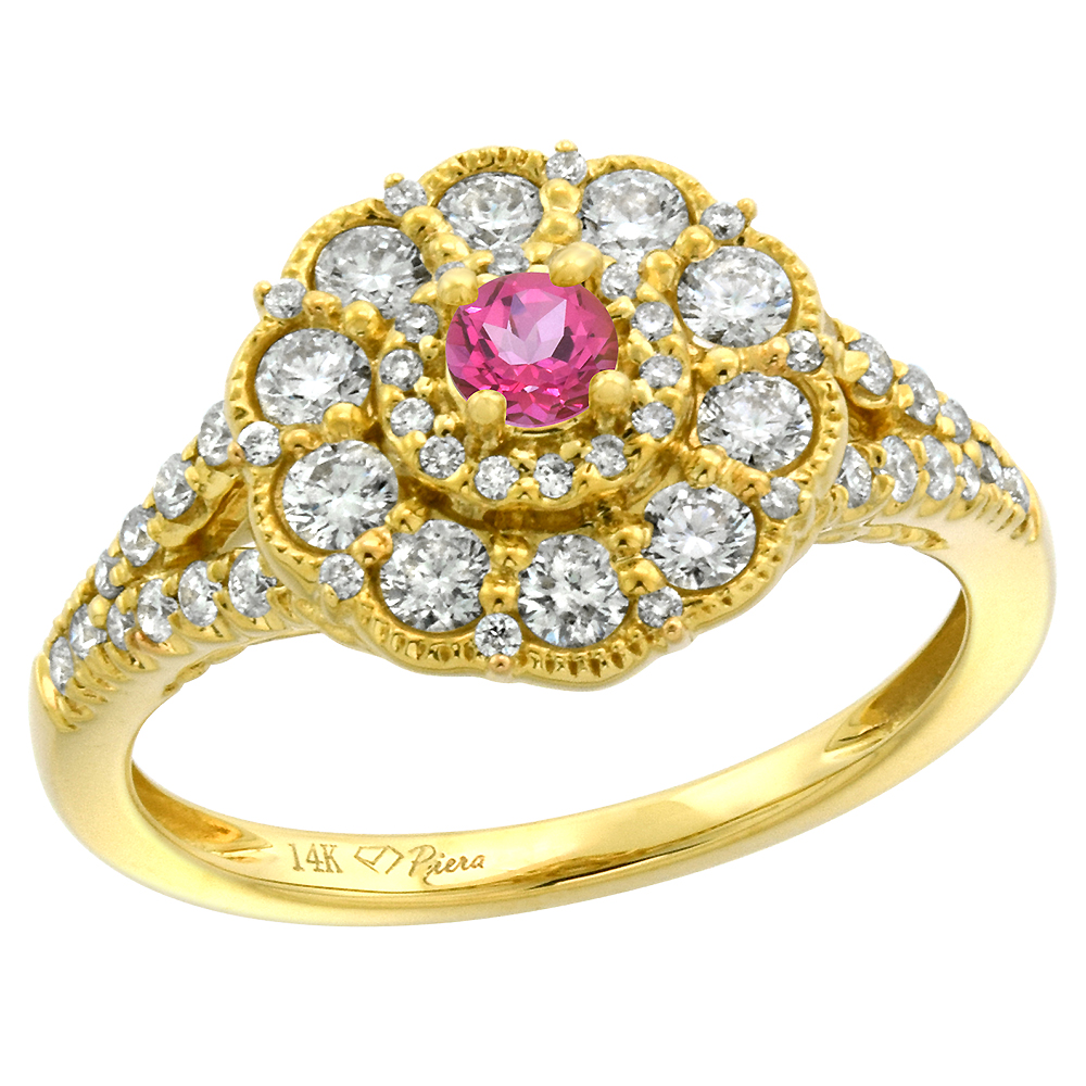 14k Yellow Gold Diamond Genuine Pink Topaz Flower Halo Engagement Ring Round Brilliant cut 3mm, size 5-10