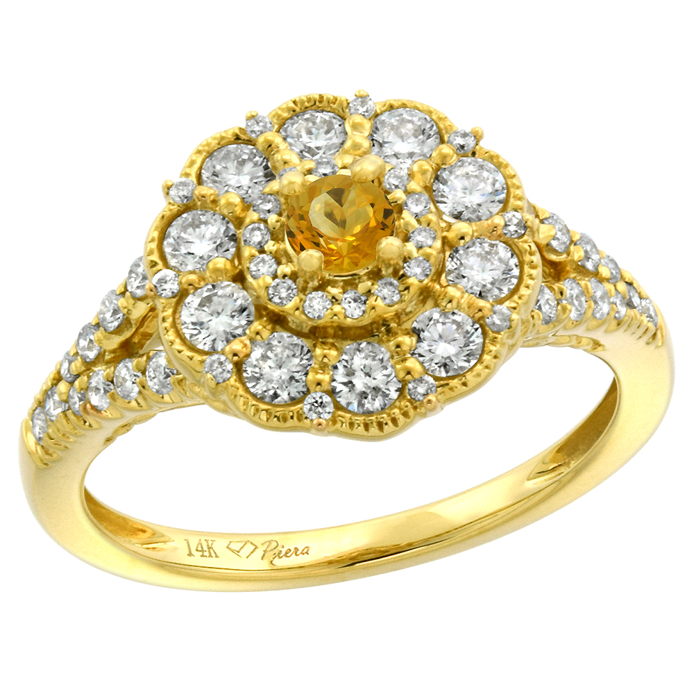 14k Yellow Gold Diamond Genuine Citrine Flower Halo Engagement Ring Round Brilliant cut 3mm, size 5-10