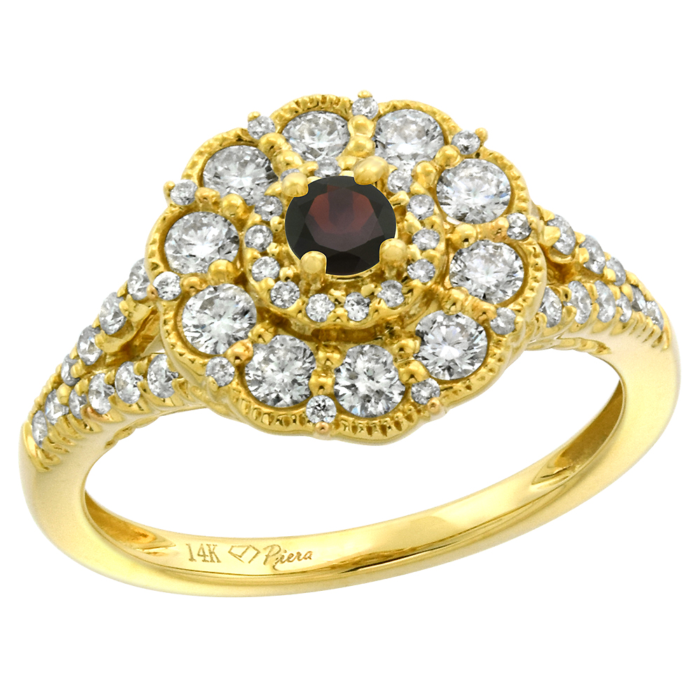 14k Yellow Gold Diamond Genuine Garnet Flower Halo Engagement Ring Round Brilliant cut 3mm, size 5-10