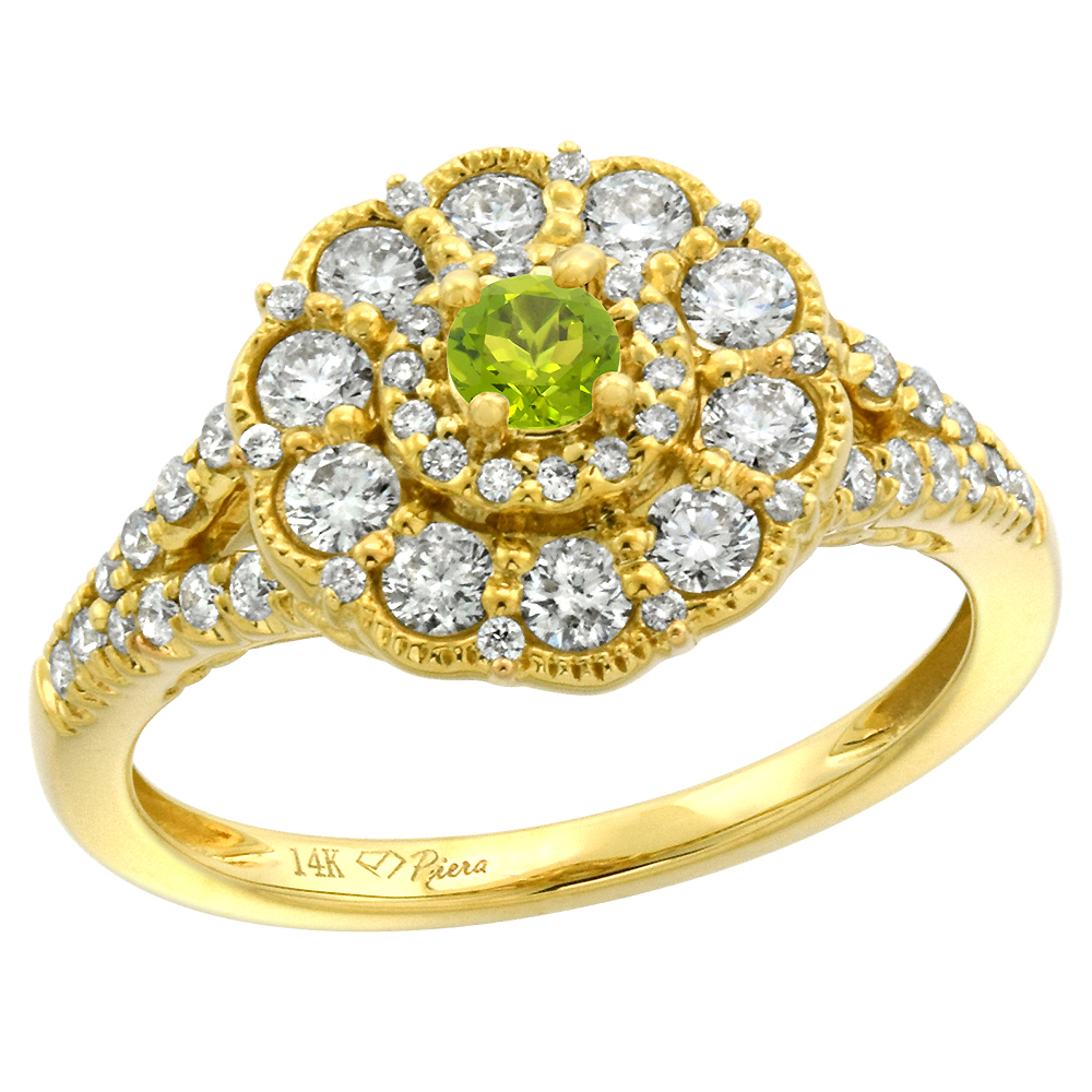 14k Yellow Gold Diamond Genuine Peridot Flower Halo Engagement Ring Round Brilliant cut 3mm, size 5-10