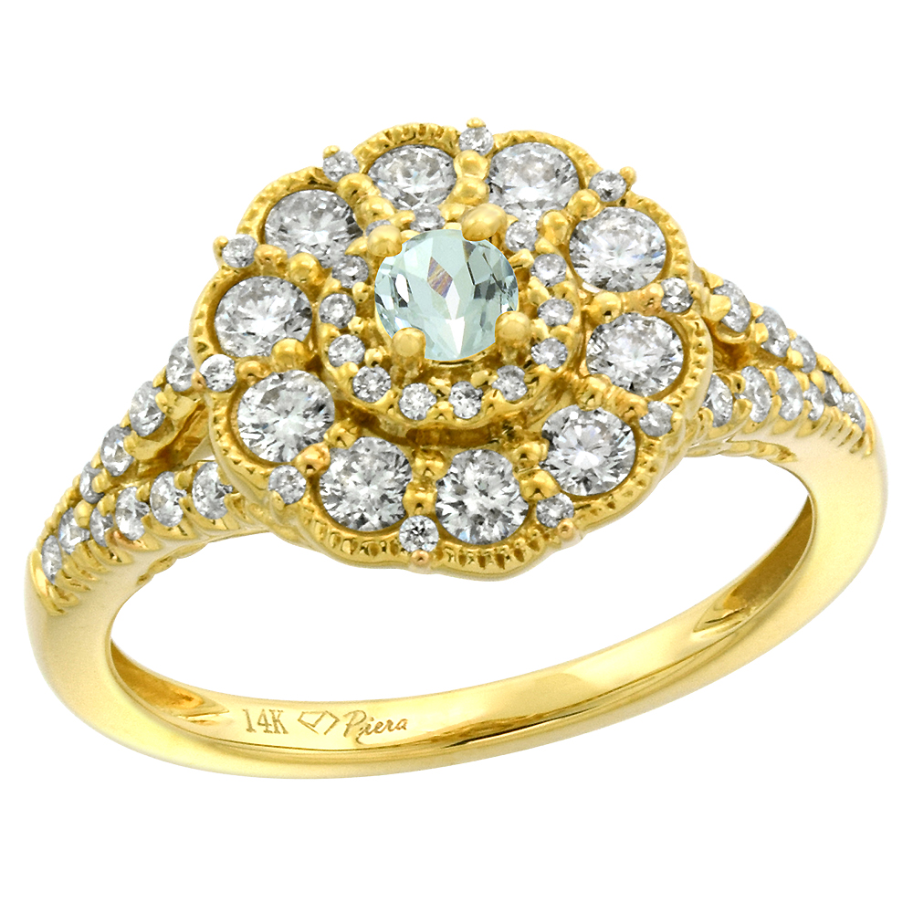 14k Yellow Gold Diamond Genuine Aquamarine Flower Halo Engagement Ring Round Brilliant cut 3mm, size 5-10