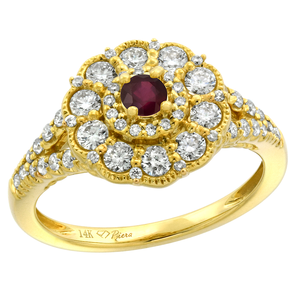 14k Yellow Gold Diamond Enhanced Real Ruby Flower Halo Engagement Ring Round Brilliant cut 3mm, size 5-10