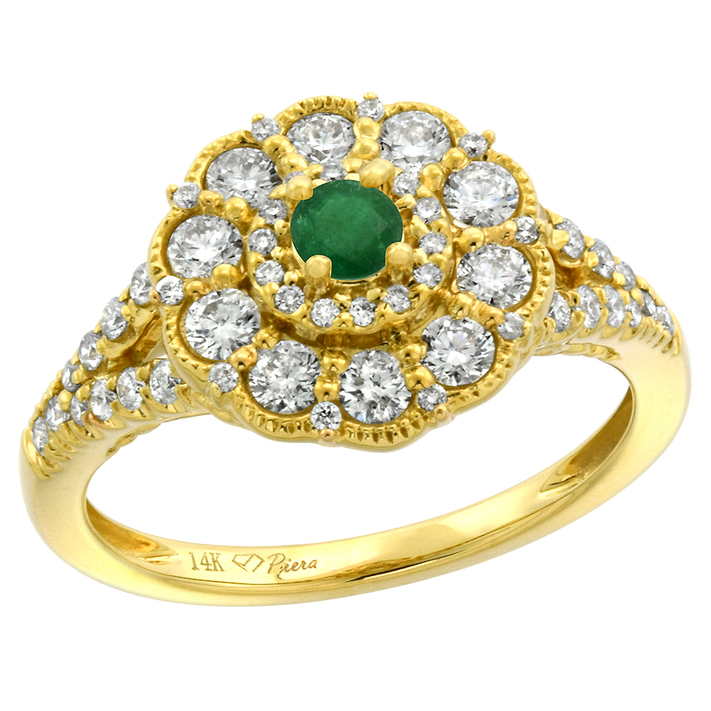 14k Yellow Gold Diamond Genuine Emerald Flower Halo Engagement Ring Round Brilliant cut 3mm, size 5-10