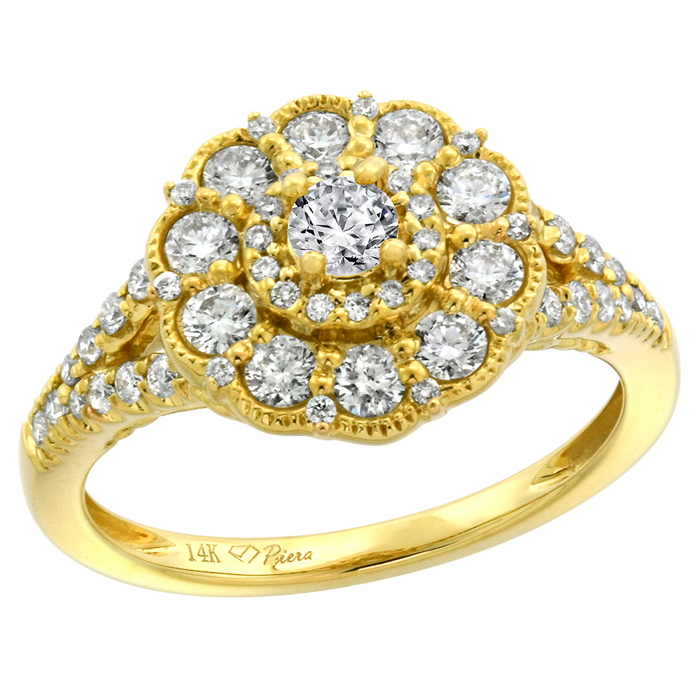 14k Yellow Gold Genuine Diamond Flower Halo Engagement Ring 0.85 cttw Round Brilliant cut 3mm, size 5-10