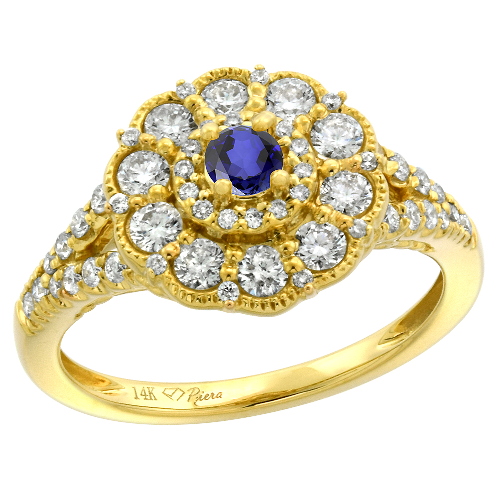 14k Yellow Gold Diamond Genuine Tanzanite Flower Halo Engagement Ring Round Brilliant cut 3mm, size 5-10