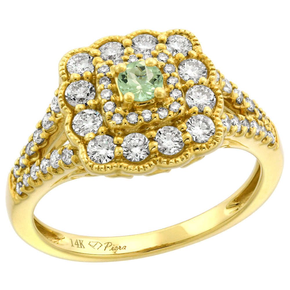 14k Yellow Gold Diamond Green Amethyst Halo Engagement Ring Round Brilliant cut 3mm, size 5-10