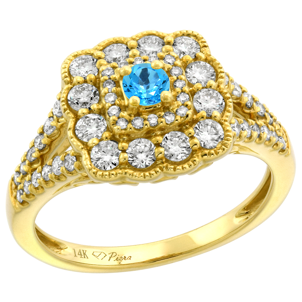 14k Yellow Gold Diamond Swiss Blue Topaz Halo Engagement Ring Round Brilliant cut 3mm, size 5 -10