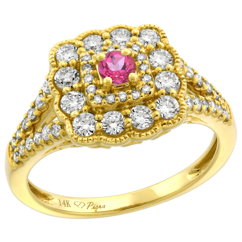 14k Yellow Gold Diamond Genuine Pink Topaz Halo Engagement Ring Round Brilliant cut 3mm, size 5-10