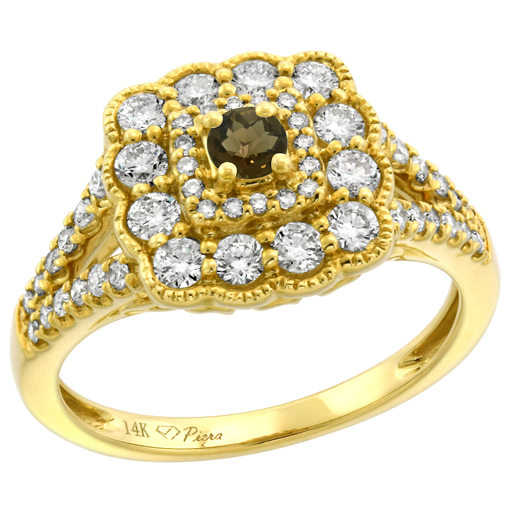 14k Yellow Gold Diamond Genuine Smoky Topaz Halo Engagement Ring Round Brilliant cut 3mm, size 5-10