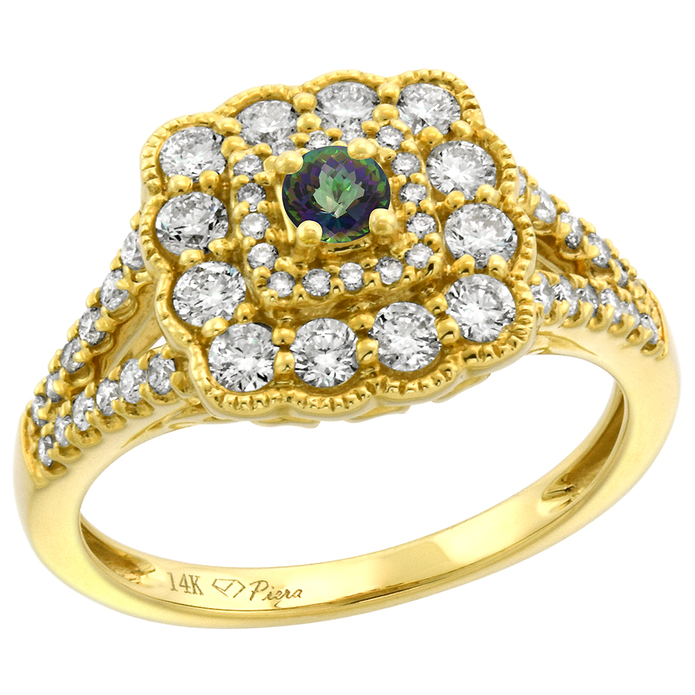14k Yellow Gold Diamond Genuine Mystic Topaz Halo Engagement Ring Round Brilliant cut 3mm, size5-10