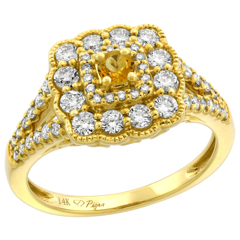 14k Yellow Gold Diamond Genuine Citrine Halo Engagement Ring Round Brilliant cut 3mm, size 5-10