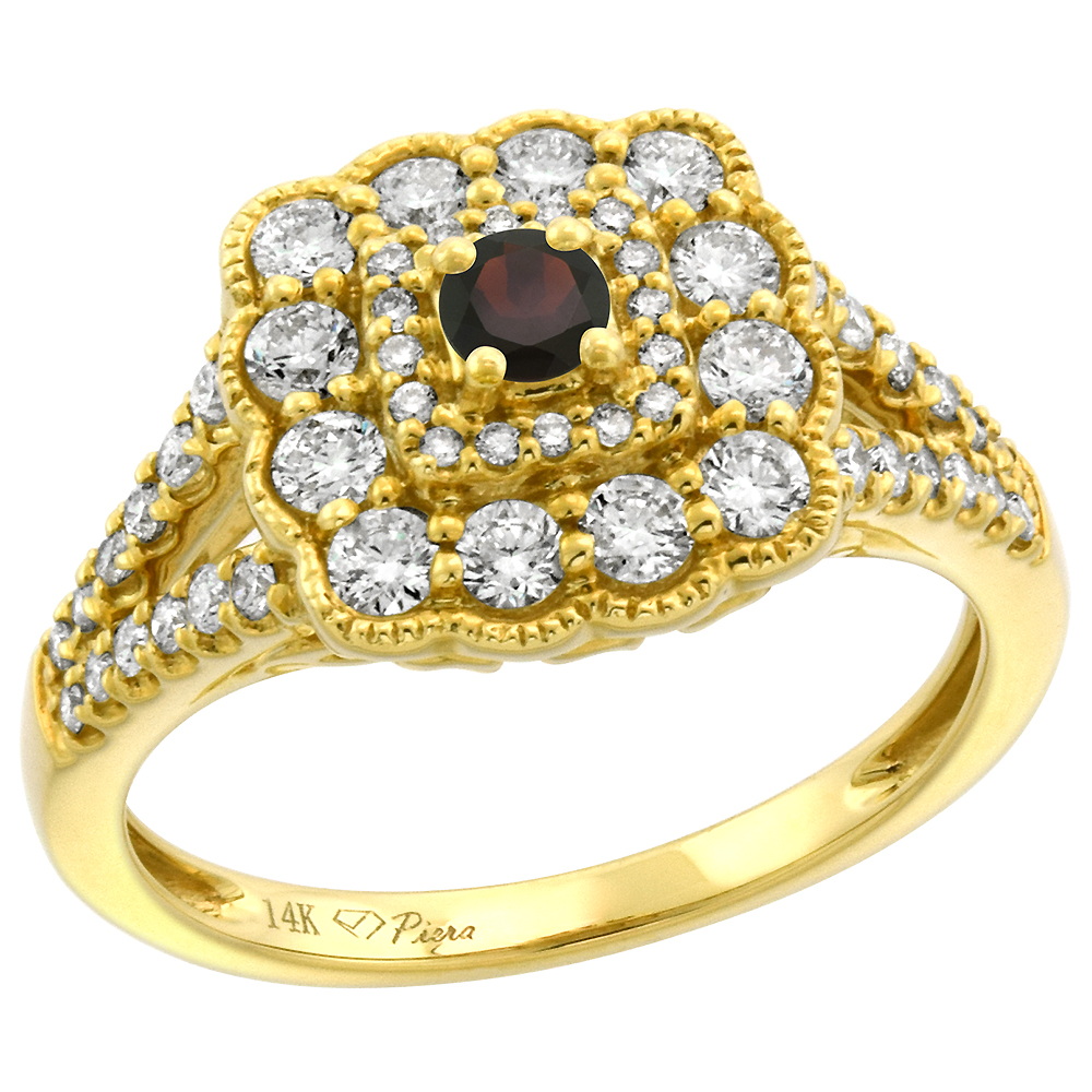 14k Yellow Gold Diamond Genuine Garnet Halo Engagement Ring Round Brilliant cut 3mm, size 5-10