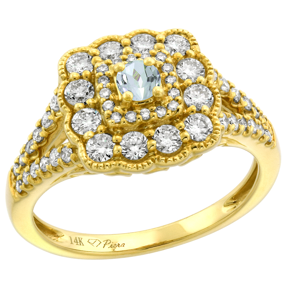 14k Yellow Gold Diamond Genuine Aquamarine Halo Engagement Ring Round Brilliant cut 3mm, size 5-10