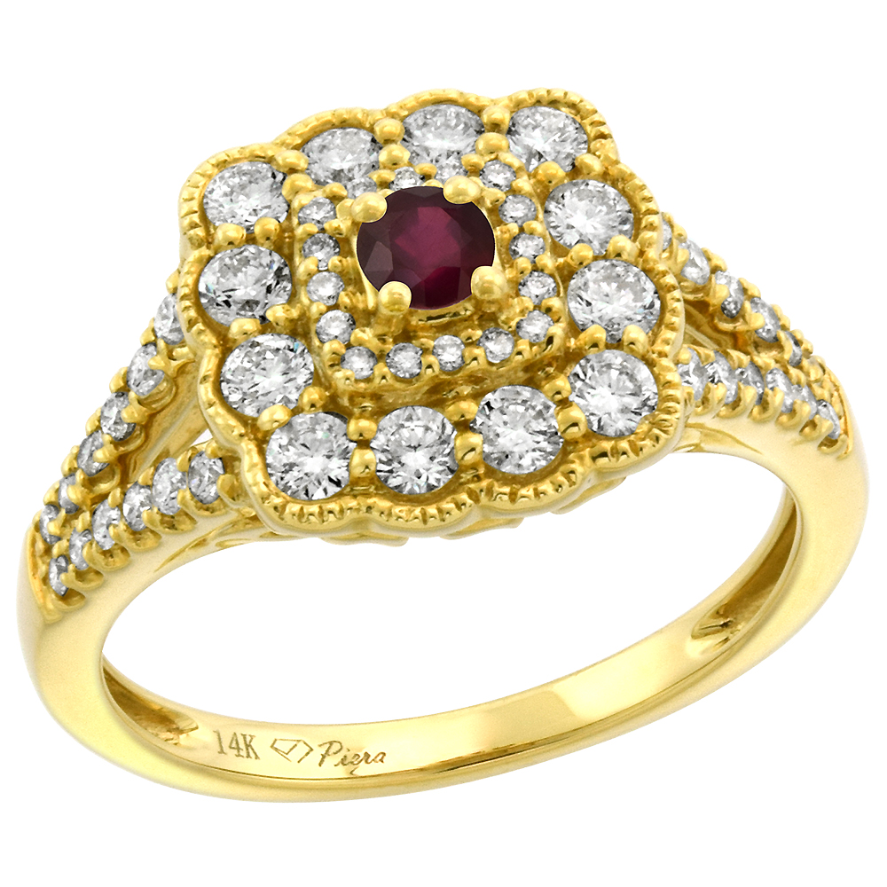 14k Yellow Gold Diamond Enhanced Real Ruby Halo Engagement Ring Round Brilliant cut 3mm, size 5-10