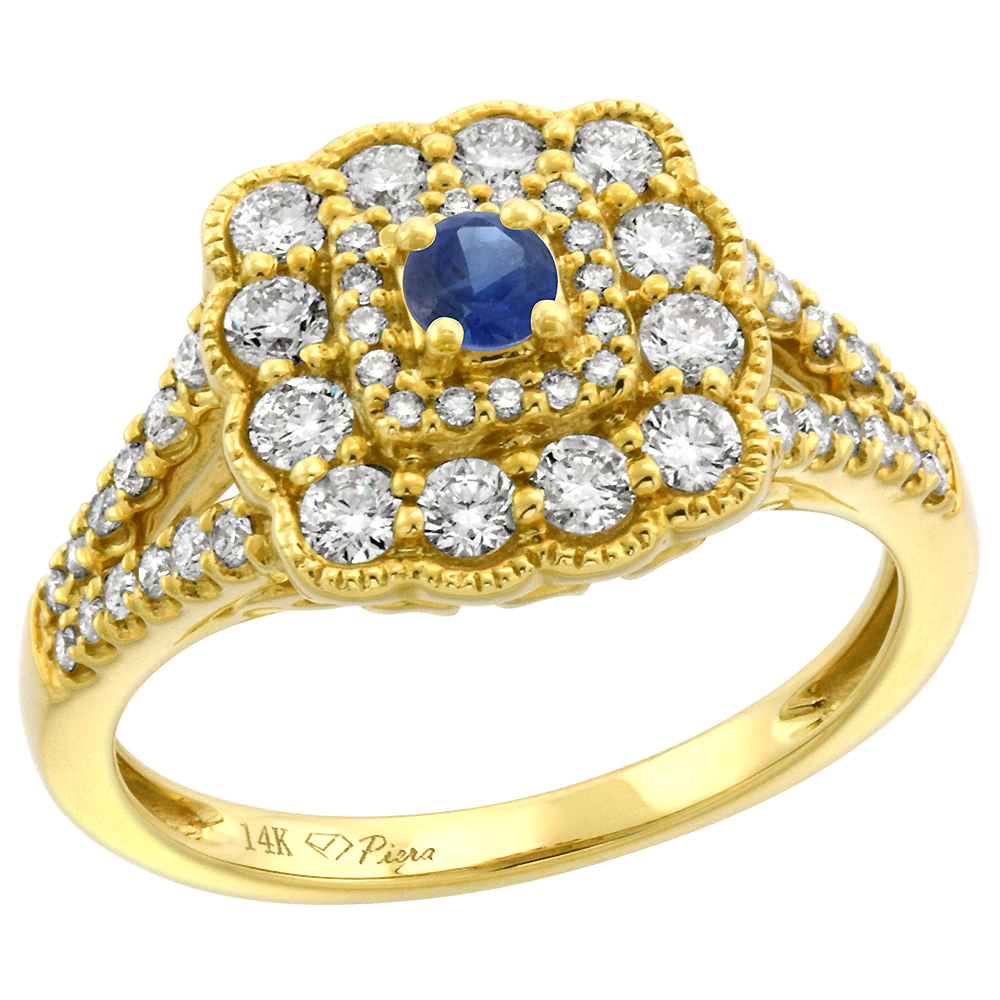 14k Yellow Gold Diamond Genuine Blue Sapphire Halo Engagement Ring Round Brilliant cut 3mm,size5-10