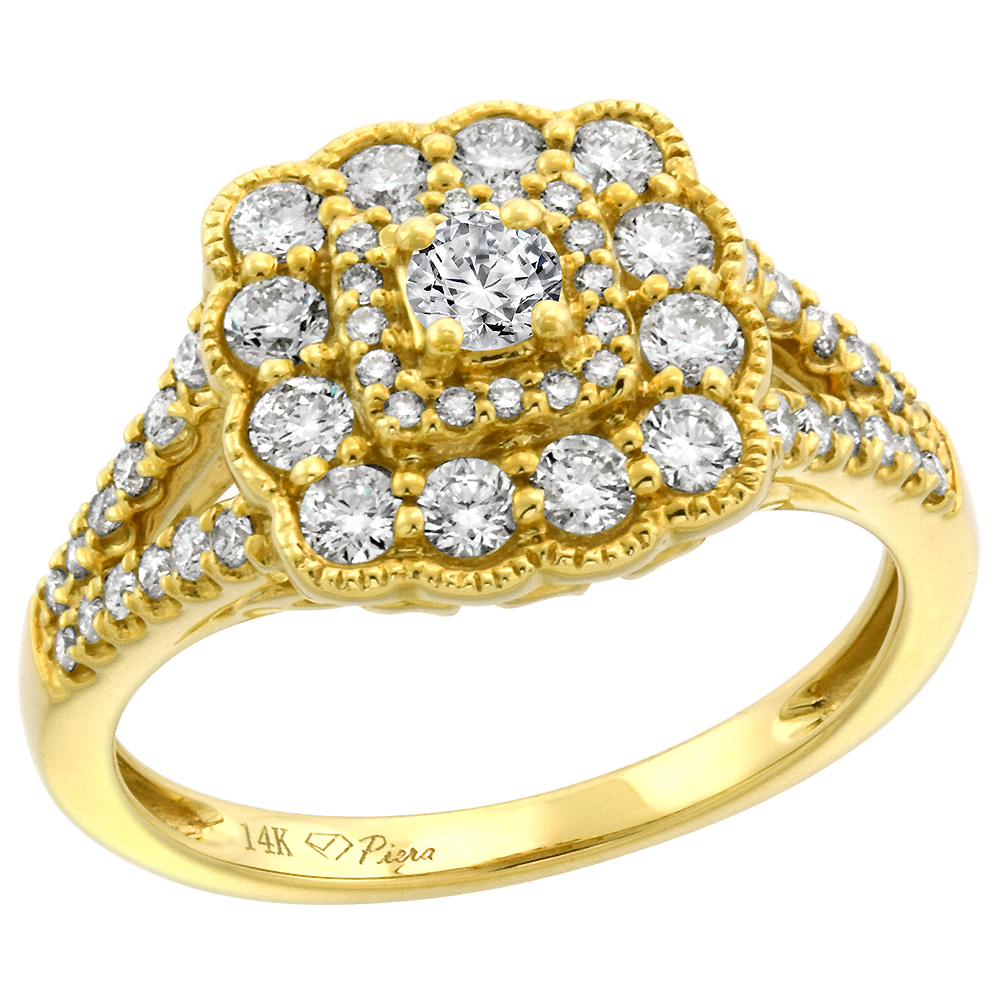14k Yellow Gold Genuine Diamond Halo Engagement Ring 0.9 cttw Round Brilliant cut 3mm, size 5-10