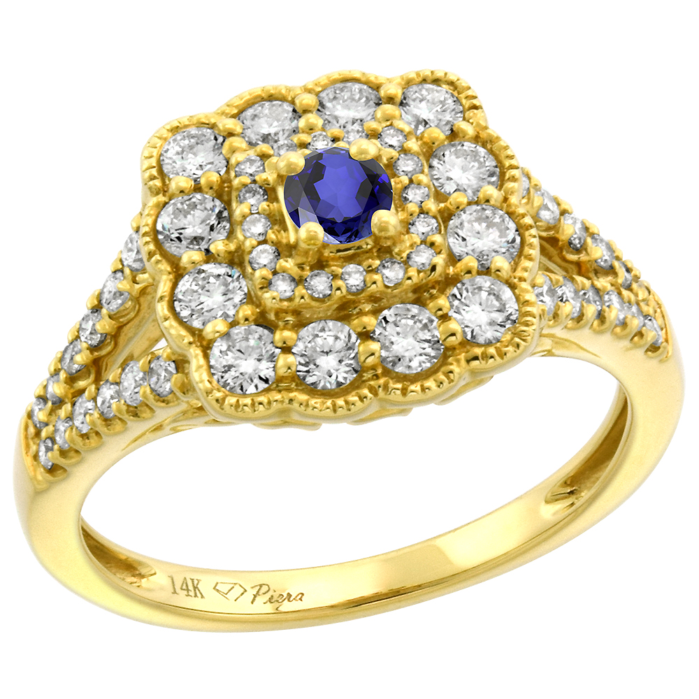 14k Yellow Gold Diamond Genuine Tanzanite Halo Engagement Ring Round Brilliant cut 3mm, size 5-10