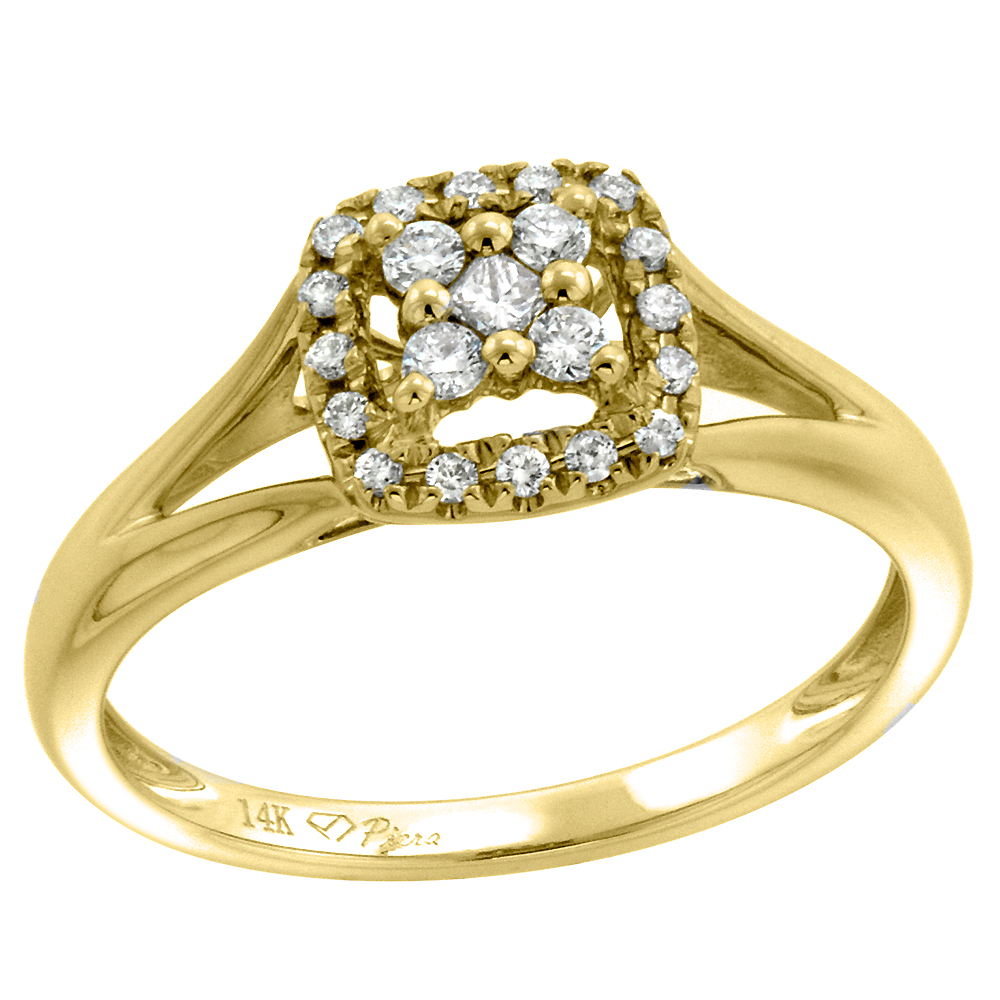 14k Yellow Gold Genuine Diamond Halo Engagement Cluster Ring Square Split Shank 0.22 cttw inch, size 5-10