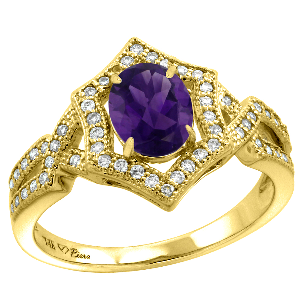 14k Yellow Gold Diamond Halo Genuine Amethyst Engagement Ring Hexagonal Oval 8x6mm, size 5-10