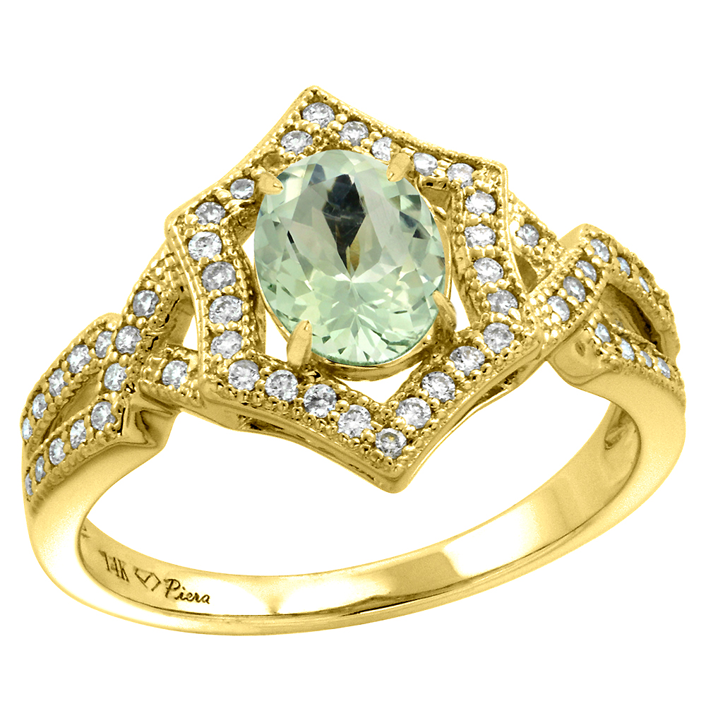 14k Yellow Gold Diamond Halo Genuine Green Amethyst Engagement Ring Hexagonal Oval 8x6mm, size 5-10