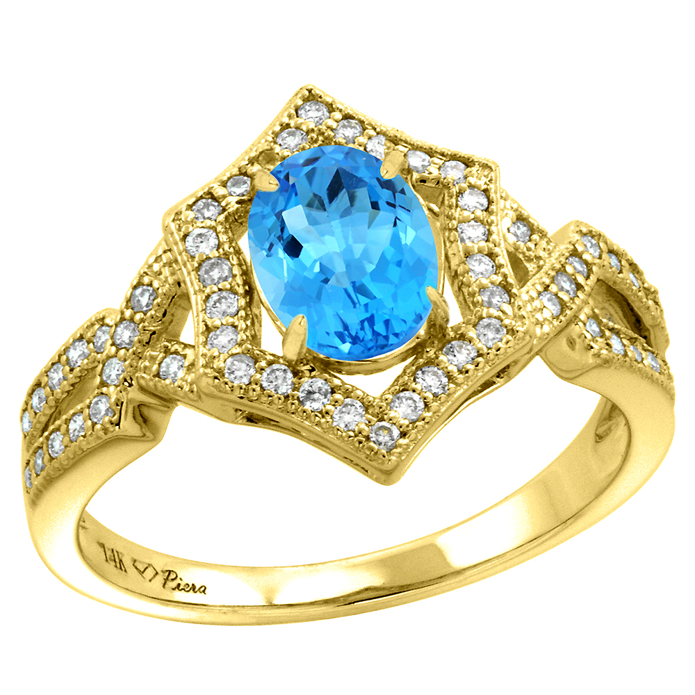 14k Yellow Gold Diamond Halo Genuine Swiss Blue Topaz Engagement Ring Hexagonal Oval 8x6mm, size 5-10