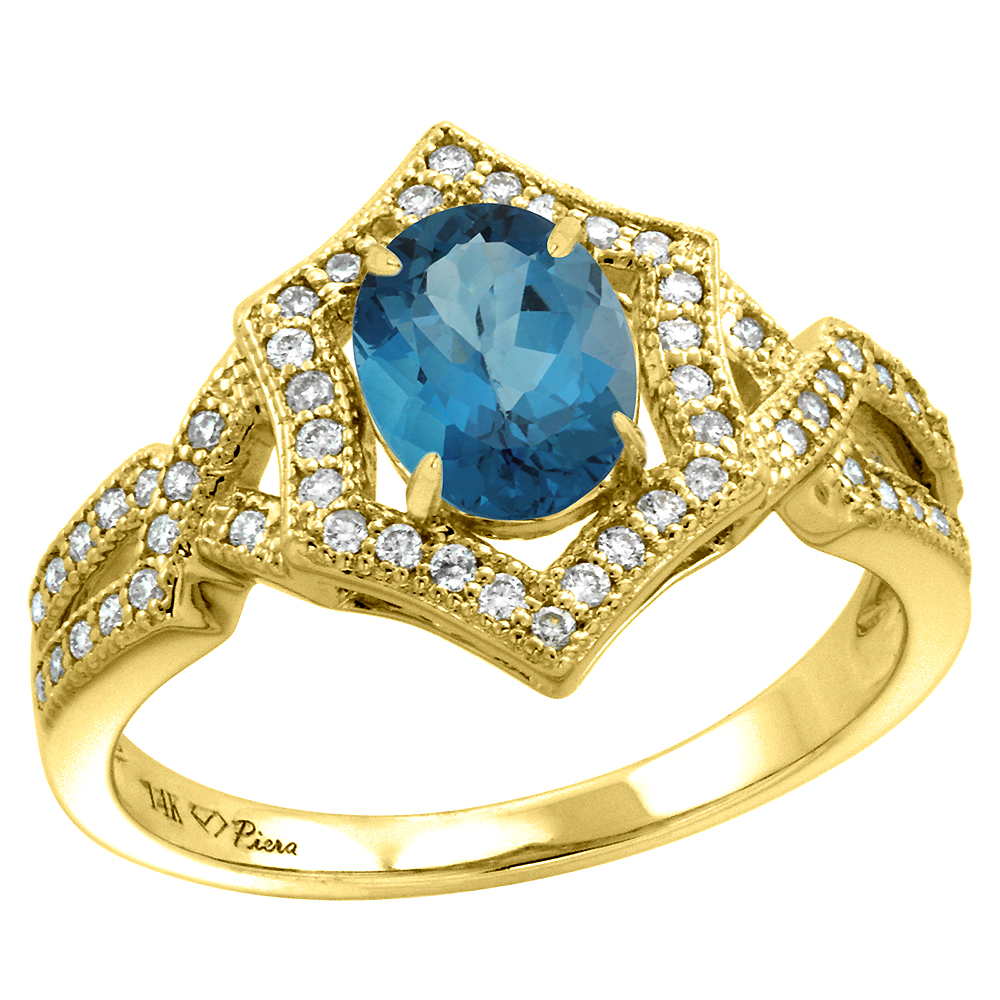 14k Yellow Gold Diamond Halo Genuine London Blue Topaz Engagement Ring Hexagonal Oval 8x6mm, size 5-10