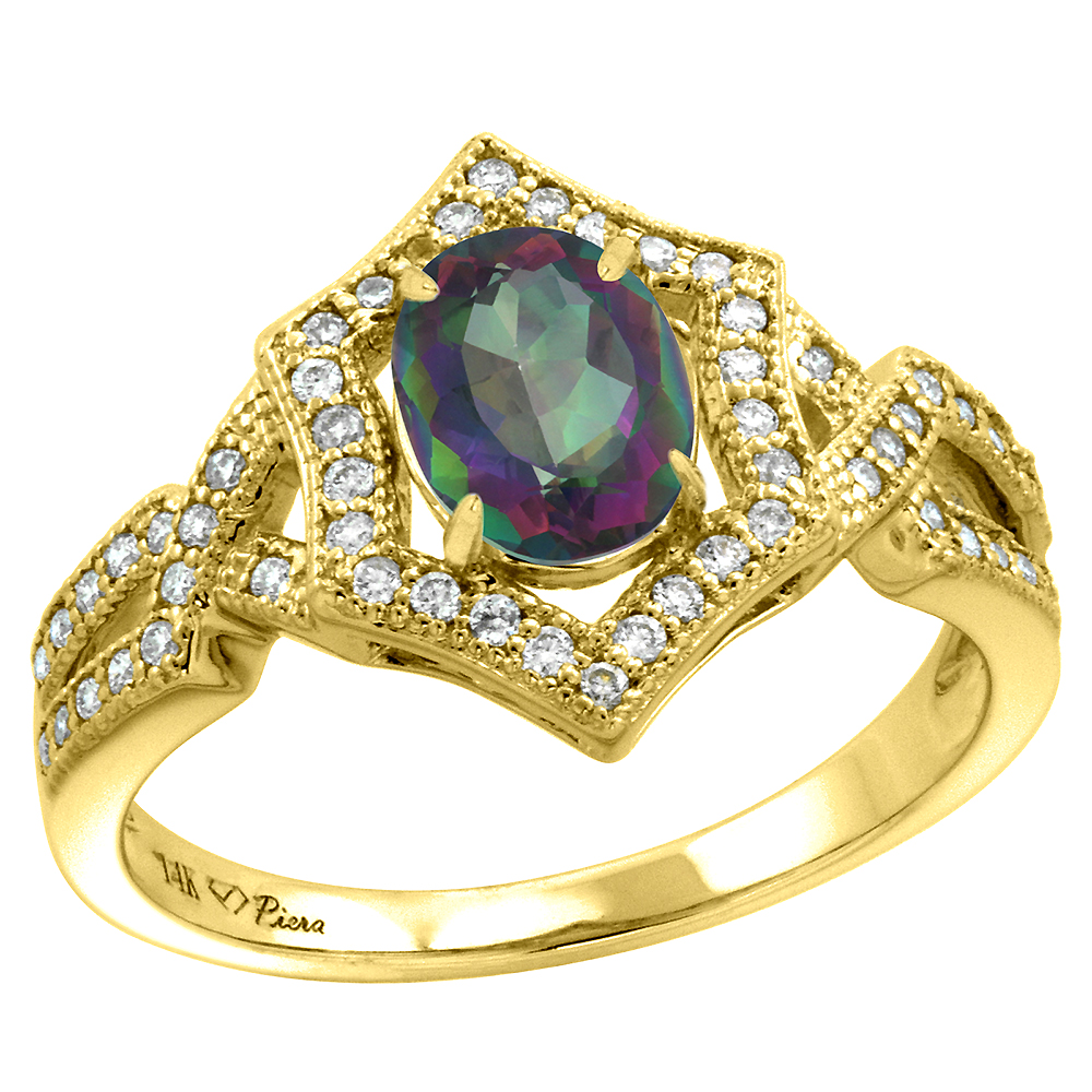 14k Yellow Gold Diamond Halo Genuine Mystic Topaz Engagement Ring Hexagonal Oval 8x6mm, size 5-10
