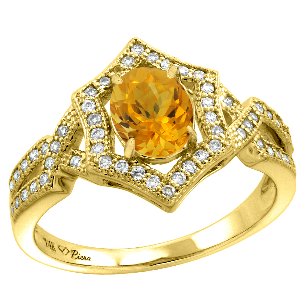 14k Yellow Gold Diamond Halo Genuine Citrine Engagement Ring Hexagonal Oval 8x6mm, size 5-10