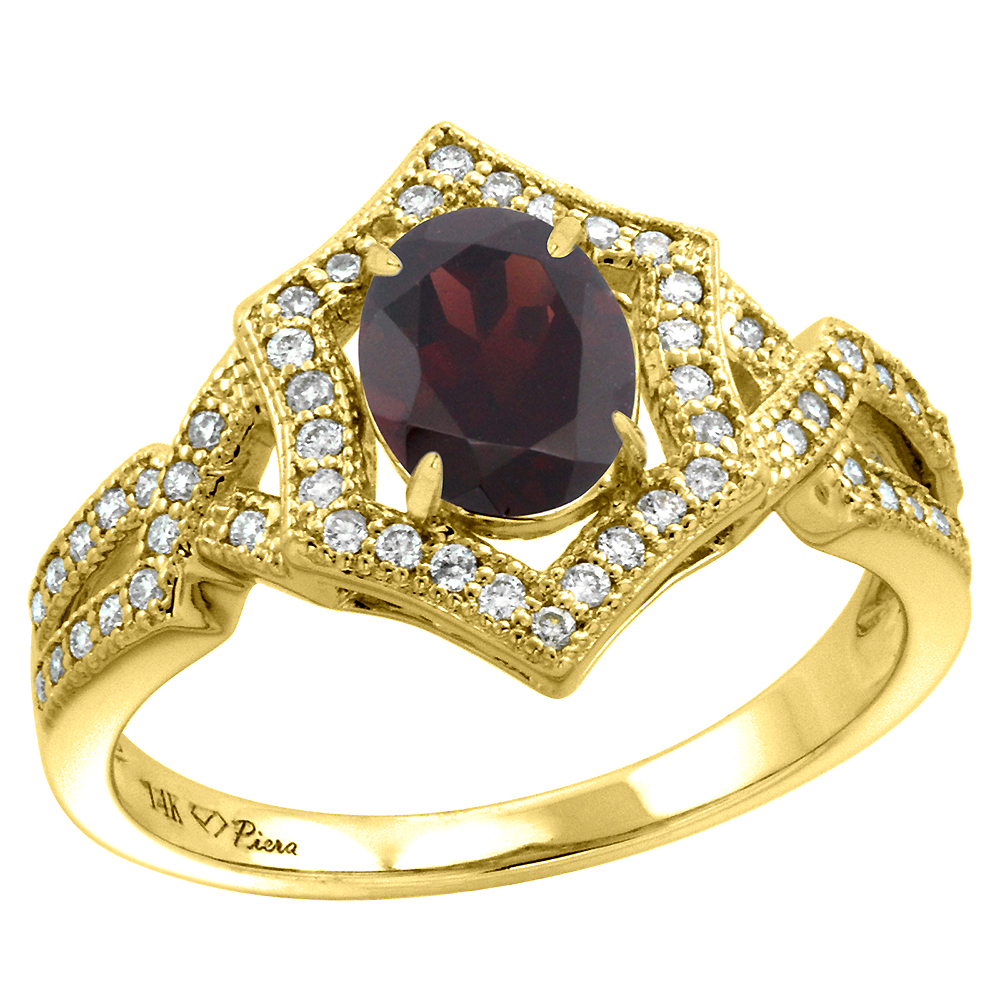 14k Yellow Gold Diamond Halo Genuine Garnet Engagement Ring Hexagonal Oval 8x6mm, size 5-10