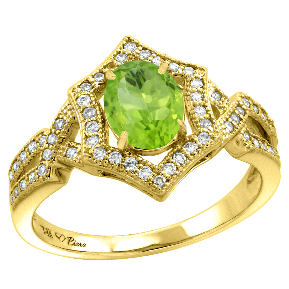 14k Yellow Gold Diamond Halo Genuine Peridot Engagement Ring Hexagonal Oval 8x6mm, size 5-10
