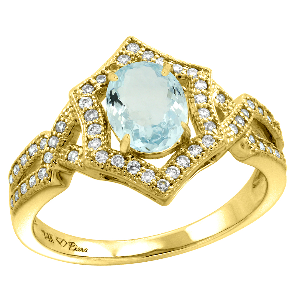 14k Yellow Gold Diamond Halo Genuine Aquamarine Engagement Ring Hexagonal Oval 8x6mm, size 5-10