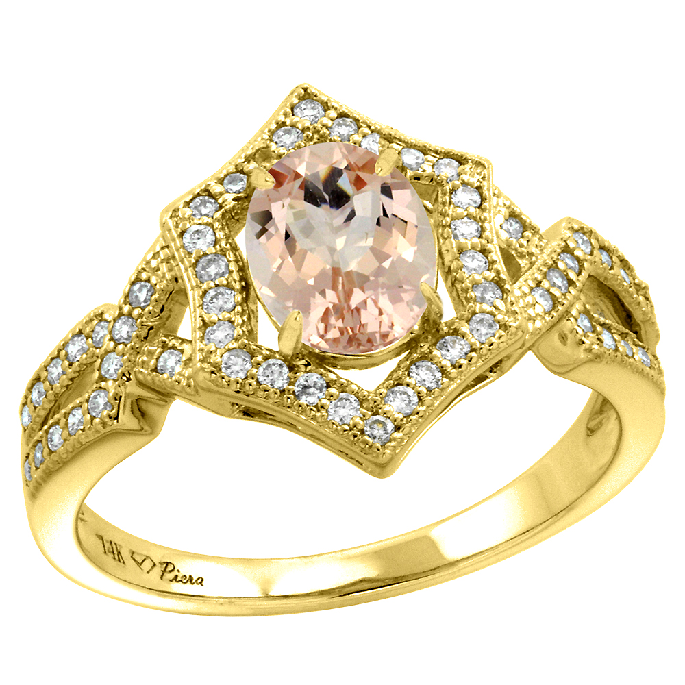 14k Yellow Gold Diamond Halo Genuine Morganite Engagement Ring Hexagonal Oval 8x6mm, size 5-10