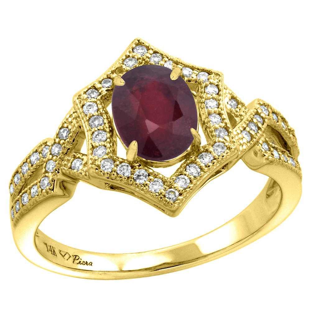 14k Yellow Gold Diamond Halo Enhanced Genuine Ruby Engagement Ring Hexagonal Oval 8x6mm, size 5-10