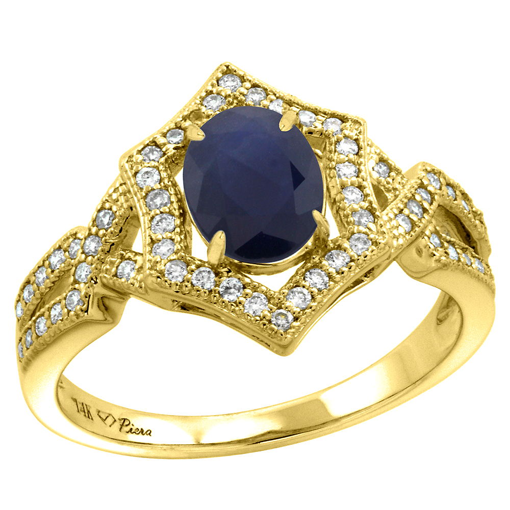 14k Yellow Gold Diamond Halo Genuine Blue Sapphire Engagement Ring Hexagonal Oval 8x6mm, size 5-10