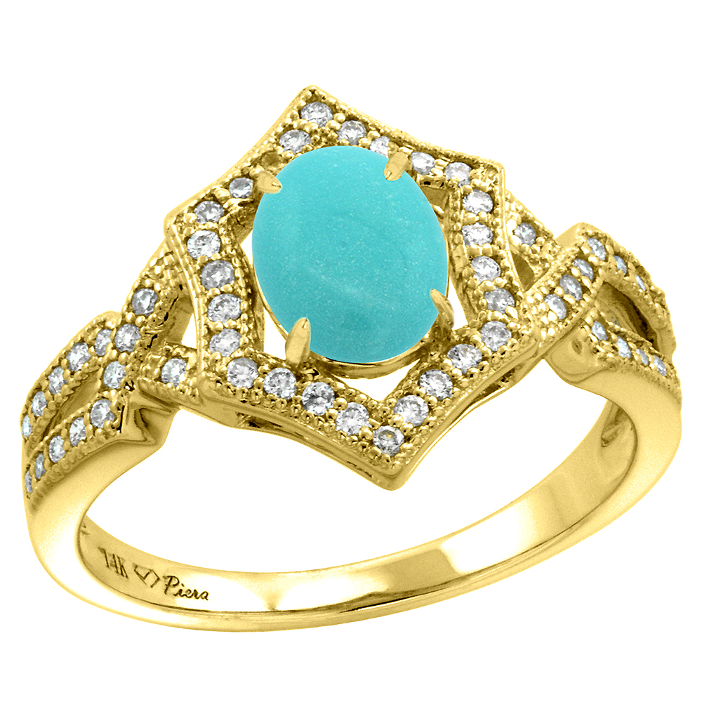 14k Yellow Gold Diamond Halo Genuine Turquoise Engagement Ring Hexagonal Oval 8x6mm, size 5-10
